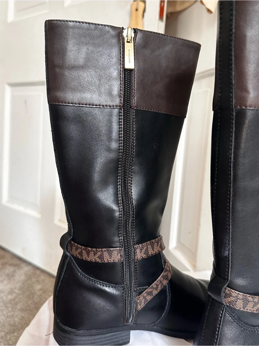 Michael Kors Black and Brown Leather Knee Boots with Gold MK Accent for Girls